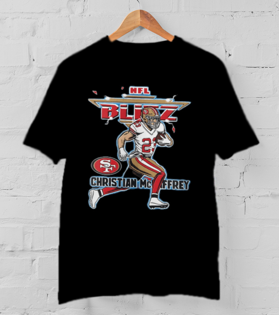 NFL Blitz 23 Christian McCaffrey San Francisco 49ers Football Player Running With Ball T-Shirt