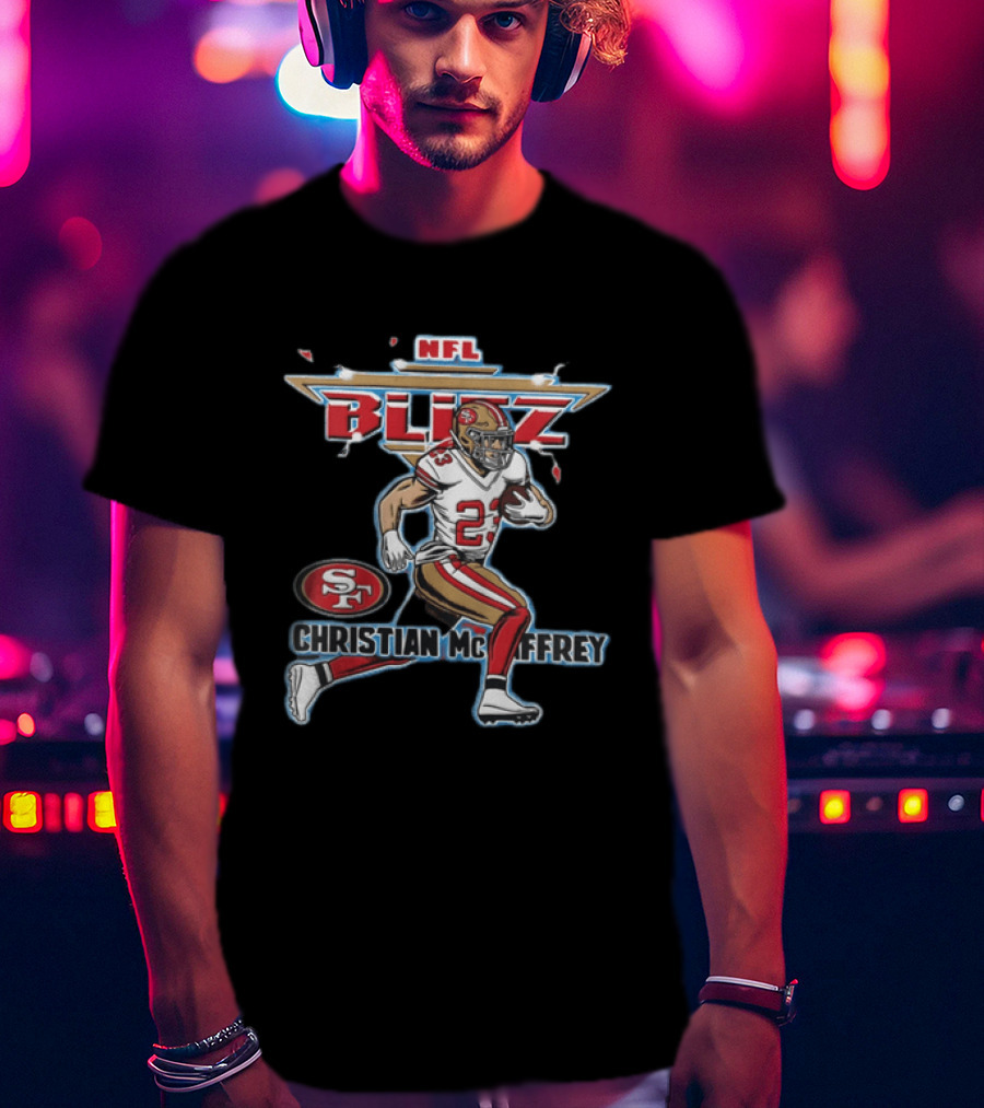 NFL Blitz 23 Christian McCaffrey San Francisco 49ers Football Player Running With Ball T-Shirt