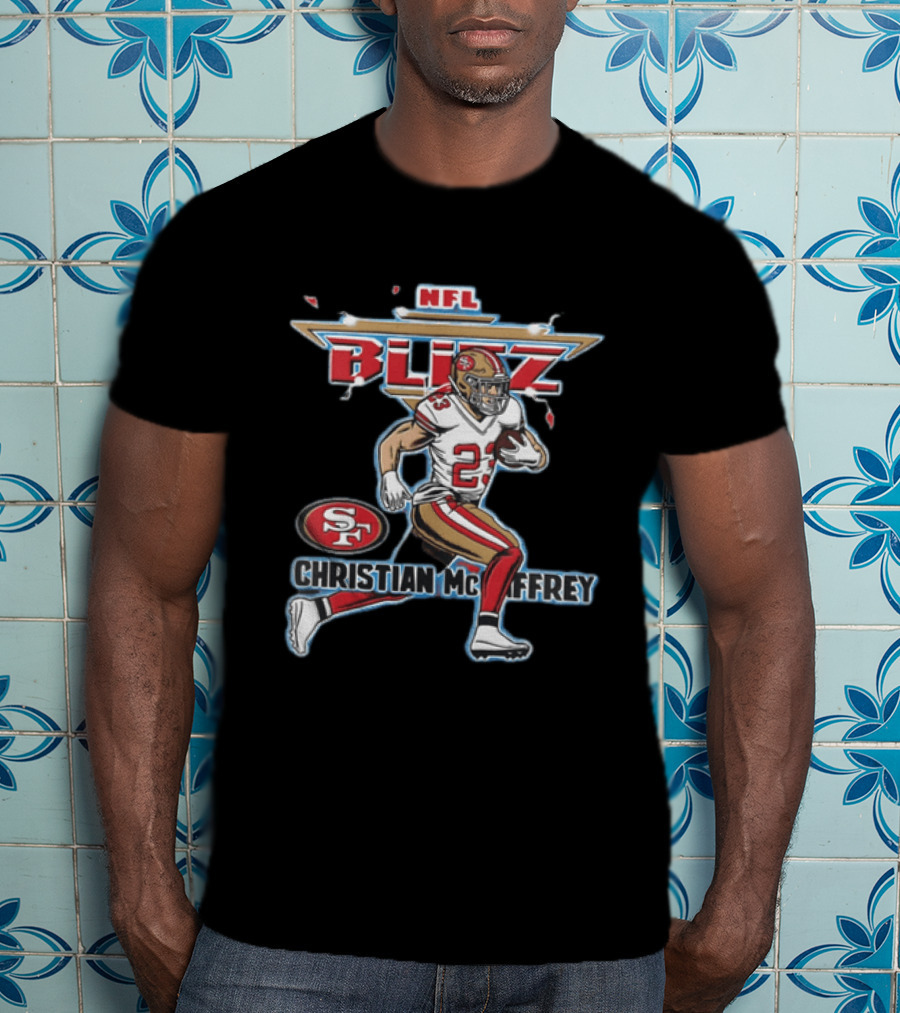 NFL Blitz 23 Christian McCaffrey San Francisco 49ers Football Player Running With Ball T-Shirt