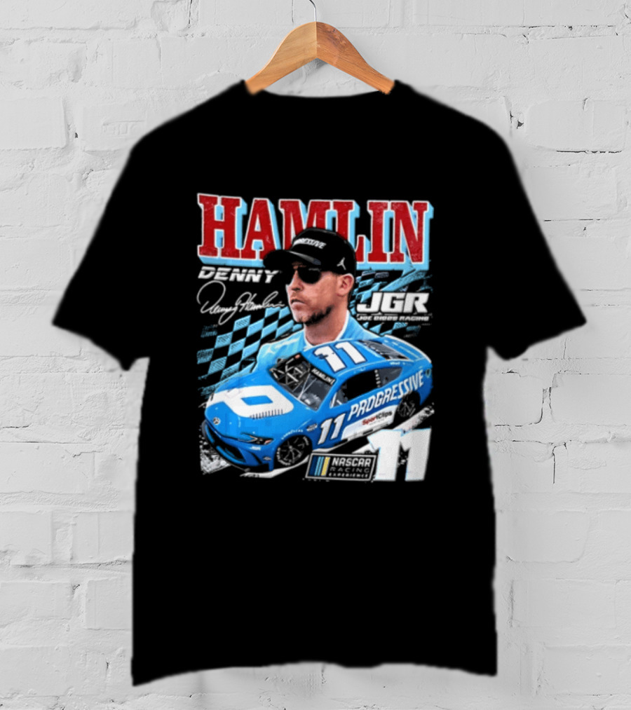 Denny Hamlin Joe Gibbs Racing NASCAR Progressive 11 Racer With Signature And Sunglasses T-Shirt
