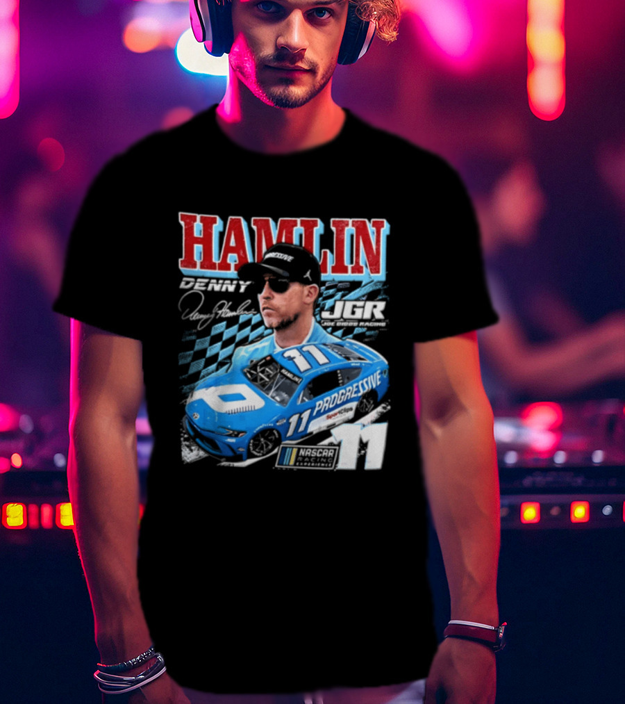 Denny Hamlin Joe Gibbs Racing NASCAR Progressive 11 Racer With Signature And Sunglasses T-Shirt