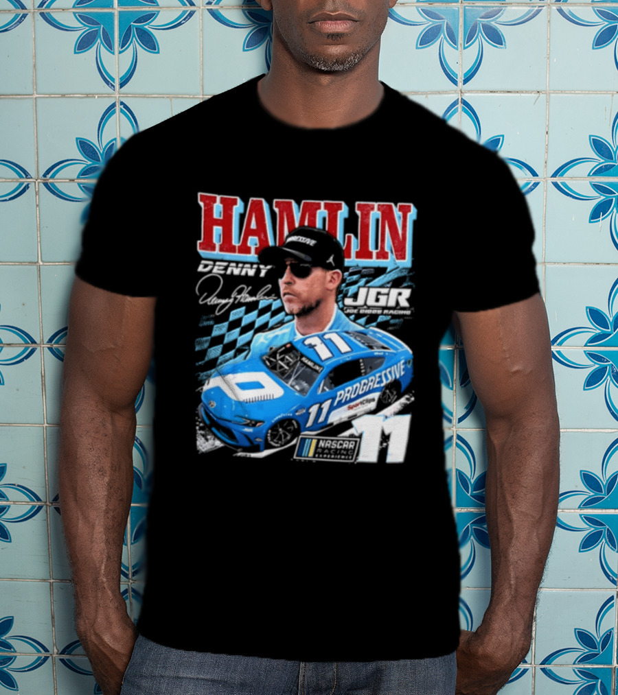Denny Hamlin Joe Gibbs Racing NASCAR Progressive 11 Racer With Signature And Sunglasses T-Shirt