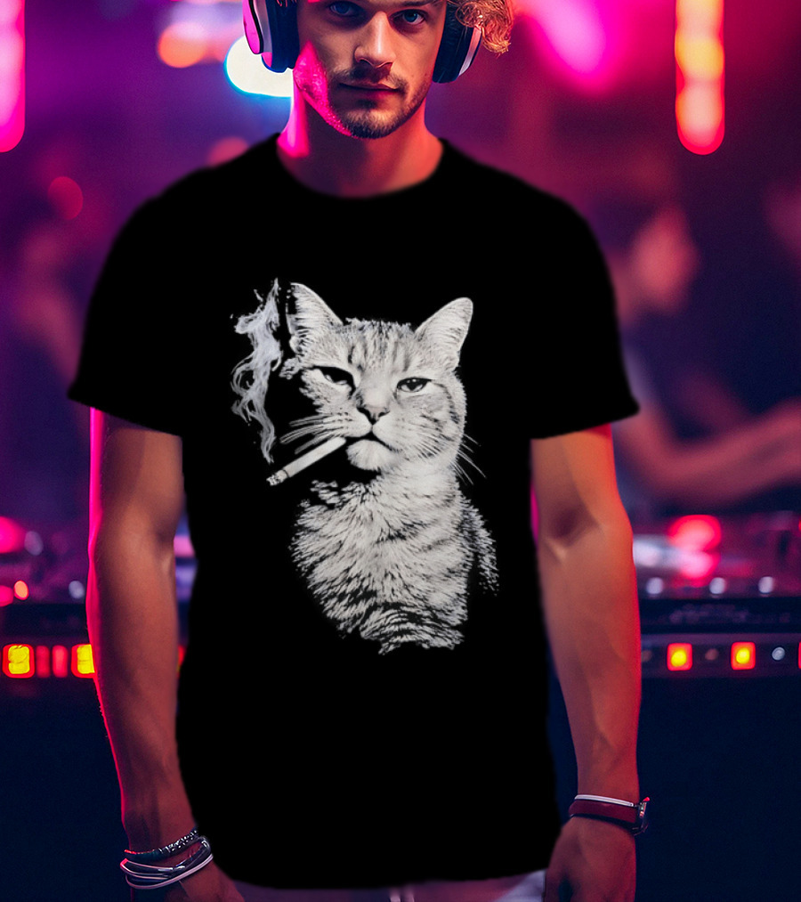 Tabby Cat Smoking Cigarette Animal T-Shirt
