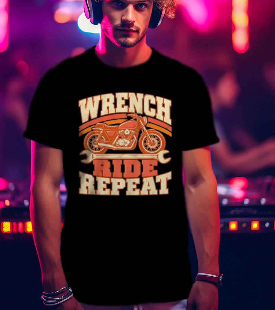 Wrench Ride Repeat Motorcycle Mechanic Distressed T-Shirt