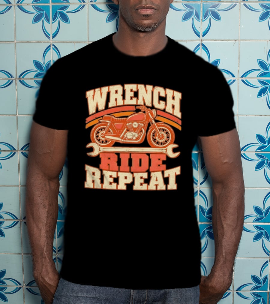 Wrench Ride Repeat Motorcycle Mechanic Distressed T-Shirt