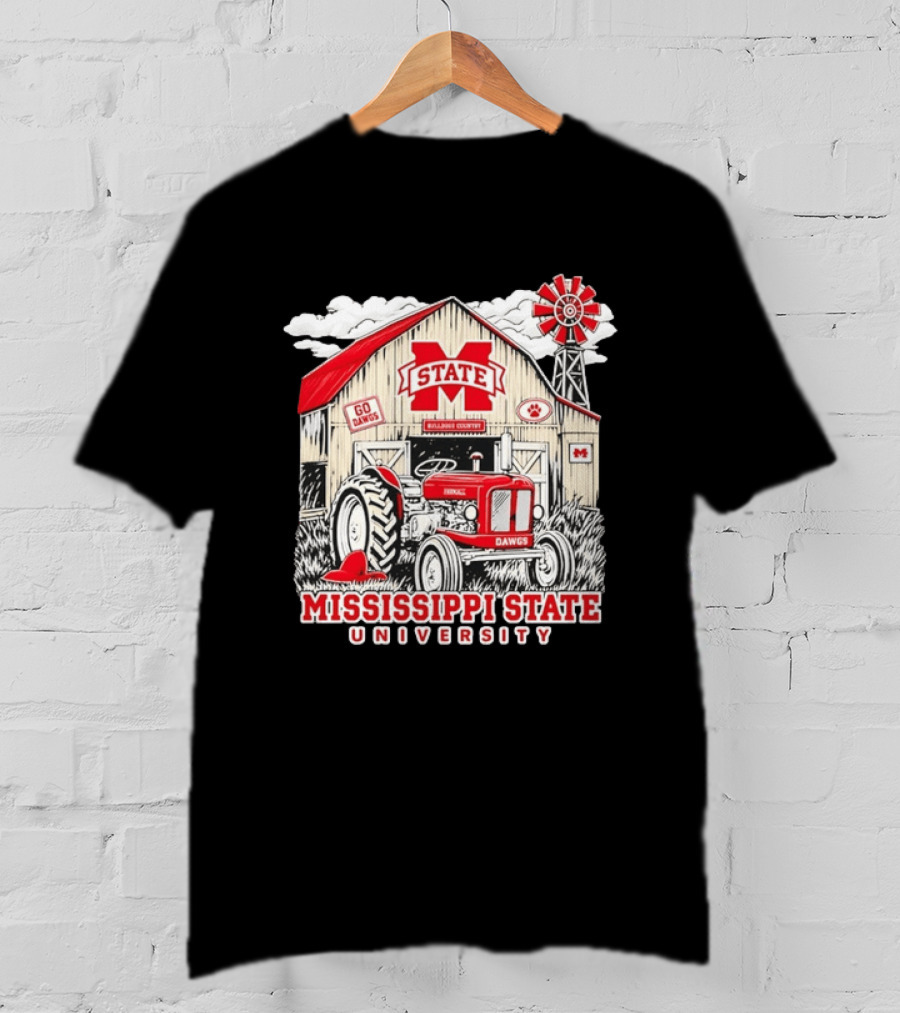 Mississippi State University Bulldogs Country Farmall Tractor Barn With Go Dawgs And Windmill T-Shirt