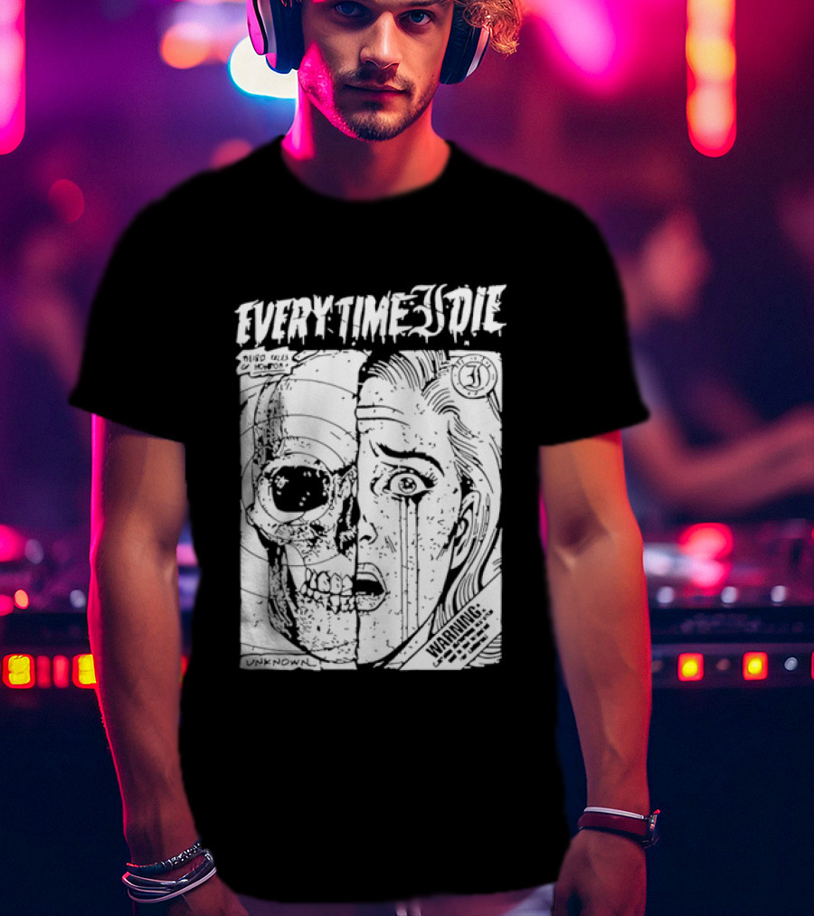 Every Time I Die Weird Tales Horror Warning Skull Face Half Human T-Shirt