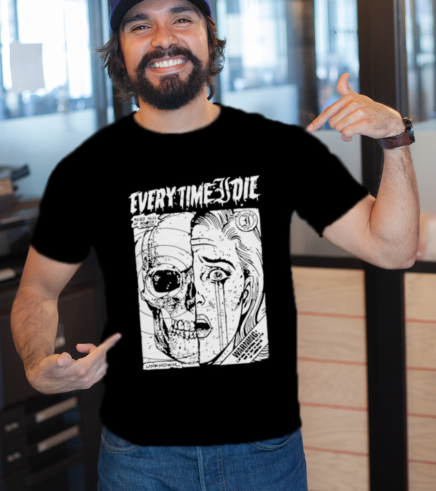 Every Time I Die Weird Tales Horror Warning Skull Face Half Human T-Shirt