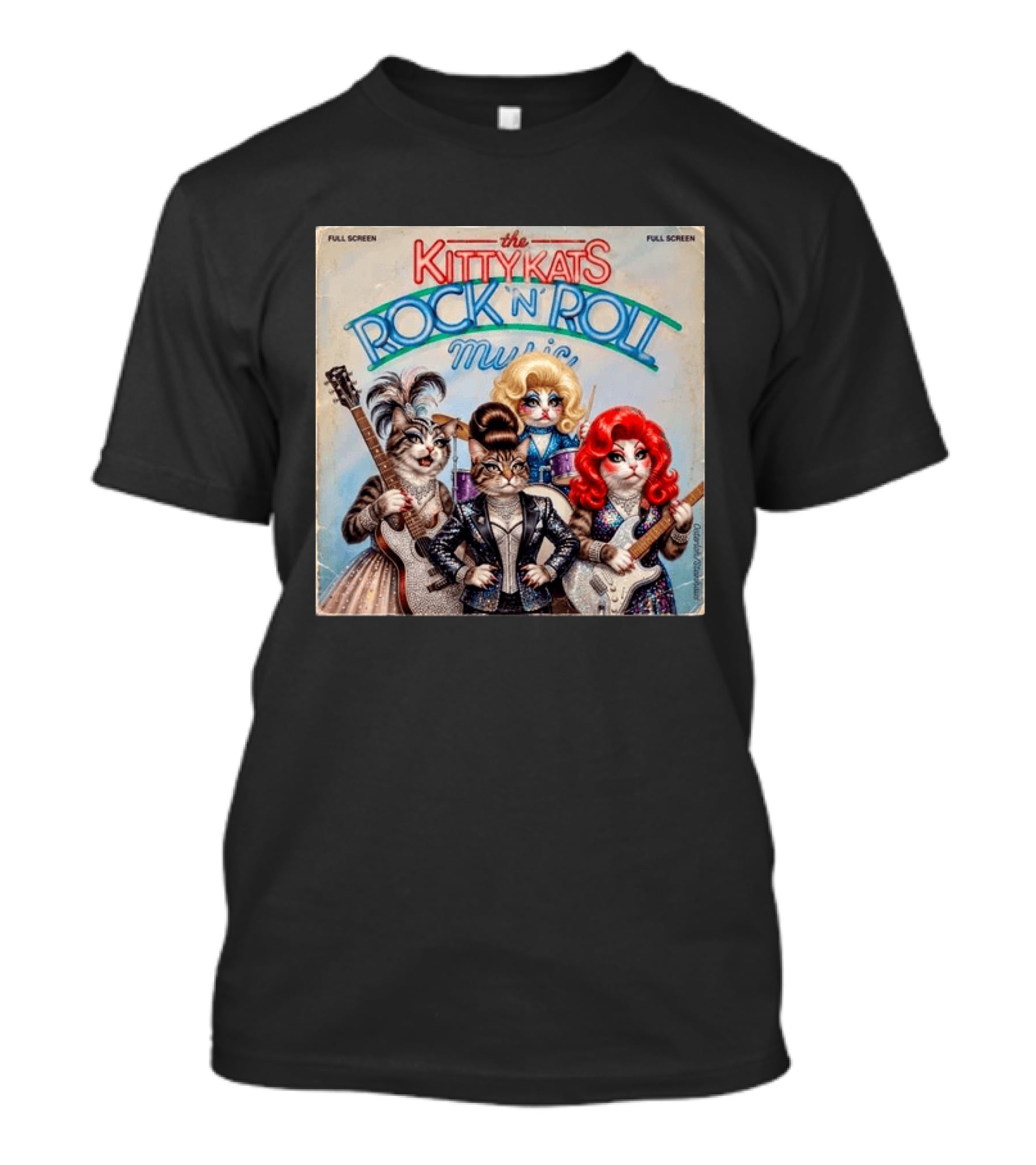 The Kitty Kats Rock 'N' Roll Music Full Screen Vintage Cats With Guitars T-Shirt