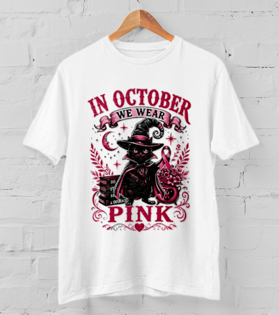 In October We Wear Pink Black Cat Witch Breast Cancer Awareness Month T-Shirt