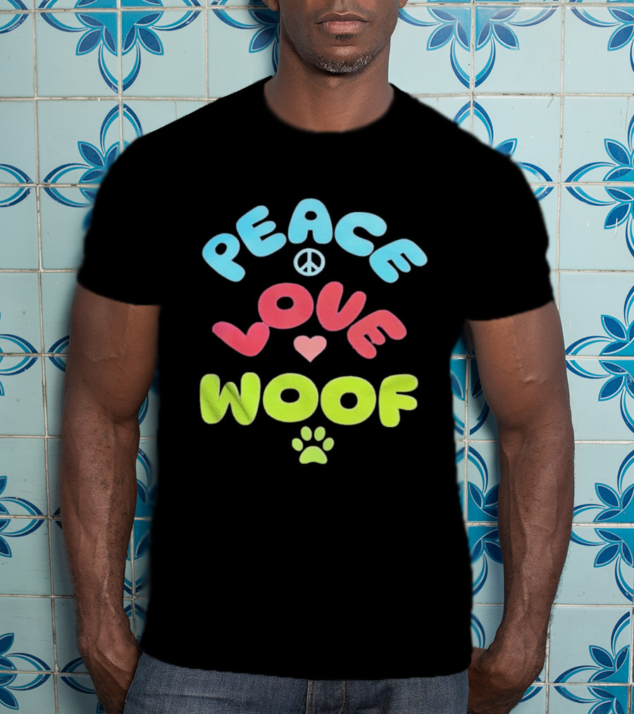 Peace Love Woof Paw Dog Lover Peace Sign Heart T-Shirt