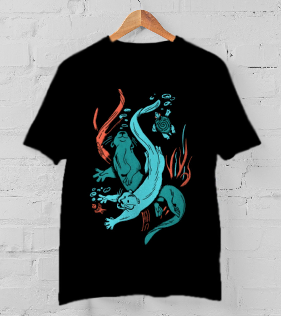 Two Otters Swimming Underwater With Turtle And Seaweed T-Shirt