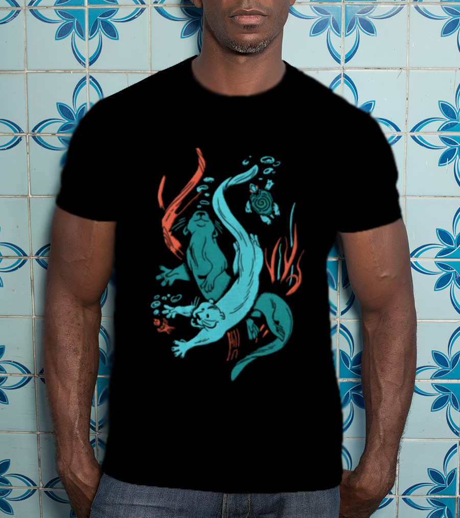 Two Otters Swimming Underwater With Turtle And Seaweed T-Shirt