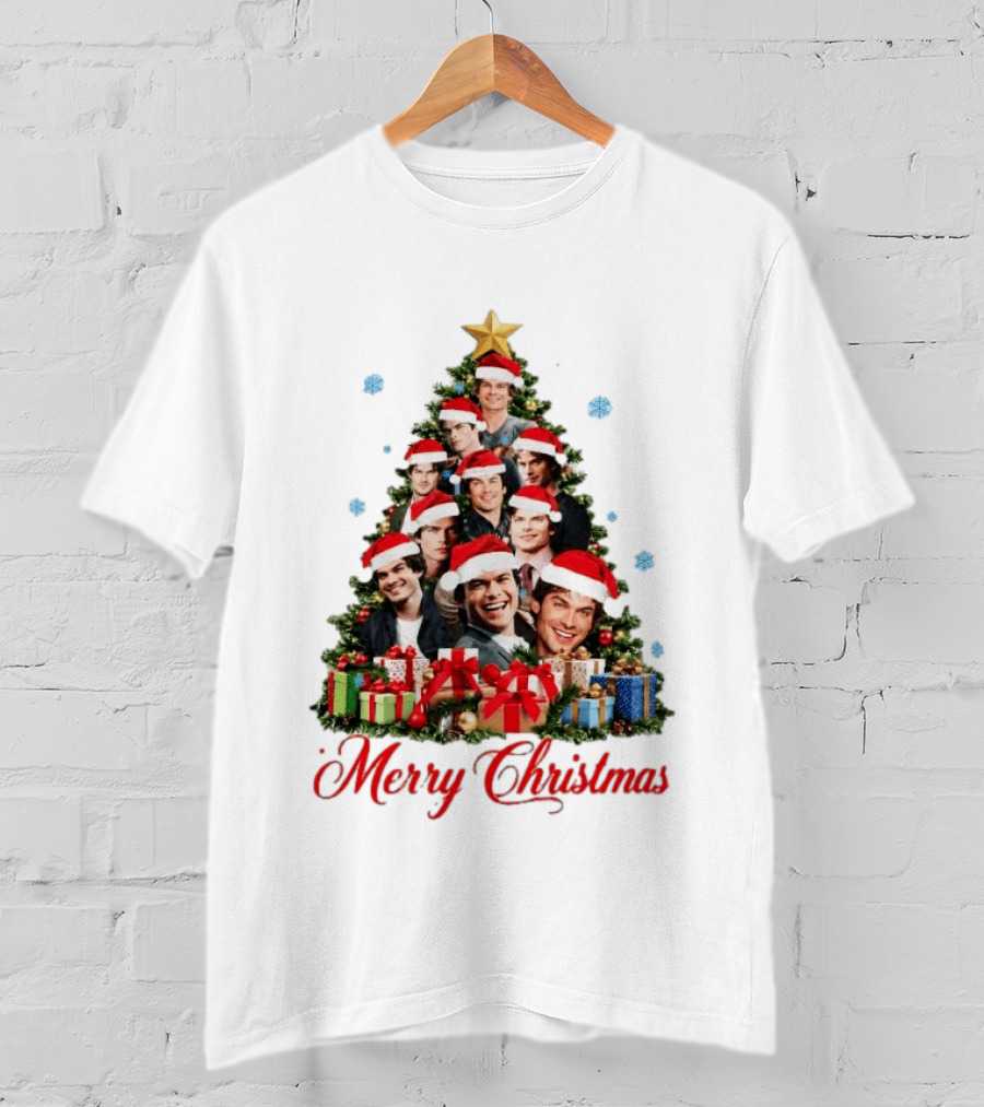 Merry Christmas All I Want For Christmas Is Damon Salvatore Santa Hat Christmas Tree T-Shirt