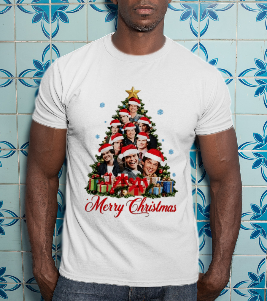 Merry Christmas All I Want For Christmas Is Damon Salvatore Santa Hat Christmas Tree T-Shirt