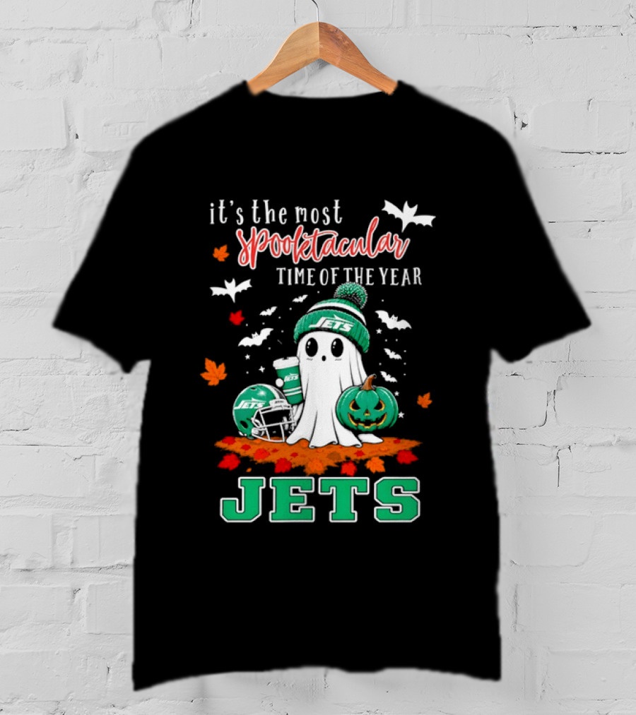 New York Jets Halloween Spooktacular Time Of The Year Football Ghost And Pumpkin T-Shirt