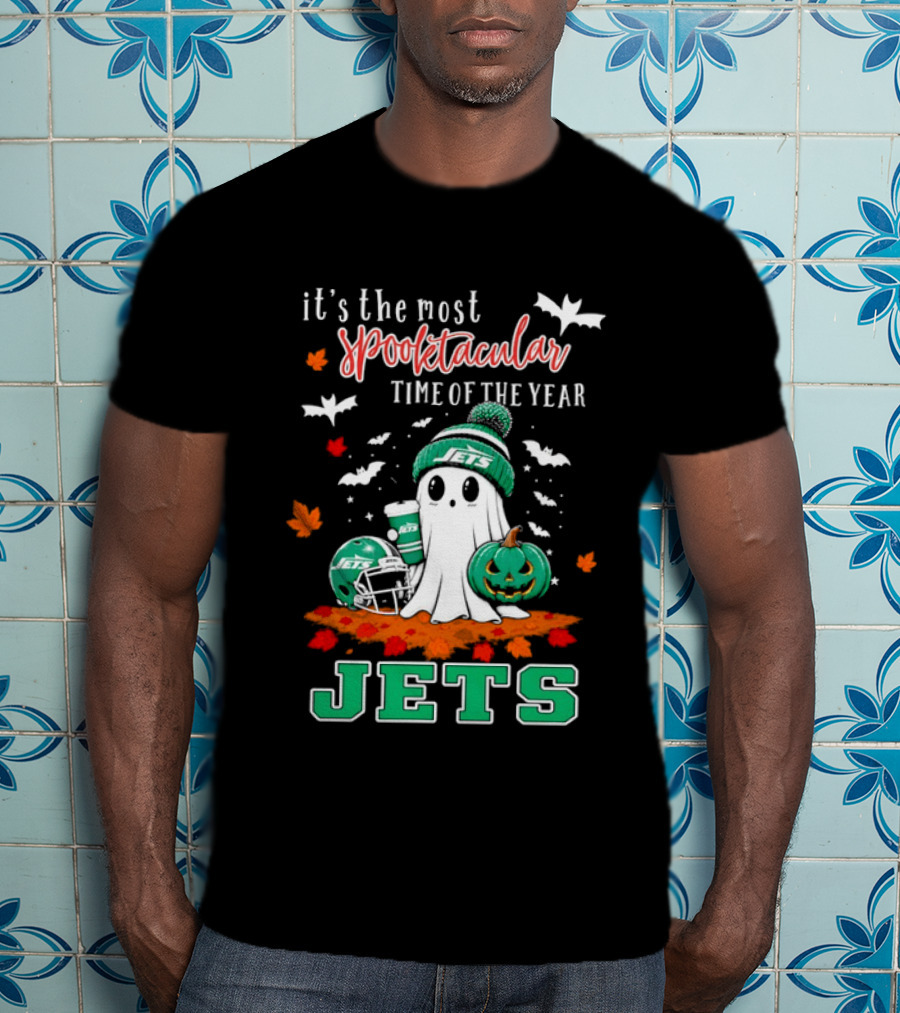 New York Jets Halloween Spooktacular Time Of The Year Football Ghost And Pumpkin T-Shirt