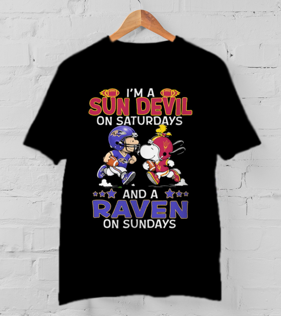 I'm A Sun Devil On Saturdays And A Raven On Sundays Snoopy And Charlie Brown Football T-Shirt