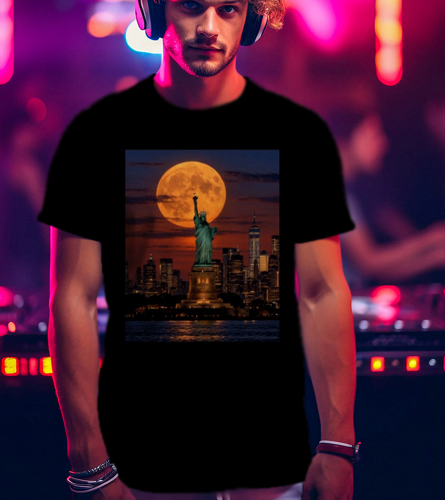Harvest Moon Over Lady Liberty New York City Skyline September 26 T-Shirt