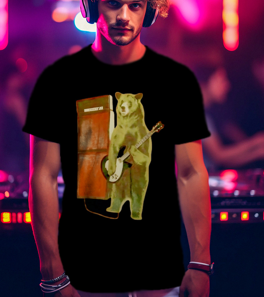 Bear Playing Electric Guitar With Amplifier Retro Vibe T-Shirt