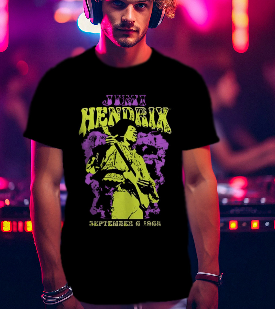 Jimi Hendrix September 6 1968 Concert Rock Legend Iconic Purple Yellow T-Shirt