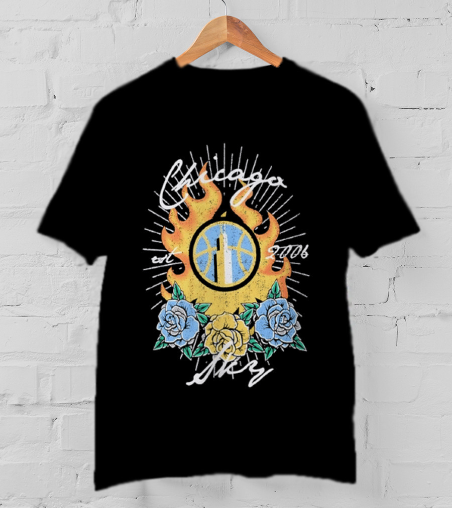 Chicago Sky Est 2006 WNBA Distressed Floral Basketball Flame T-Shirt