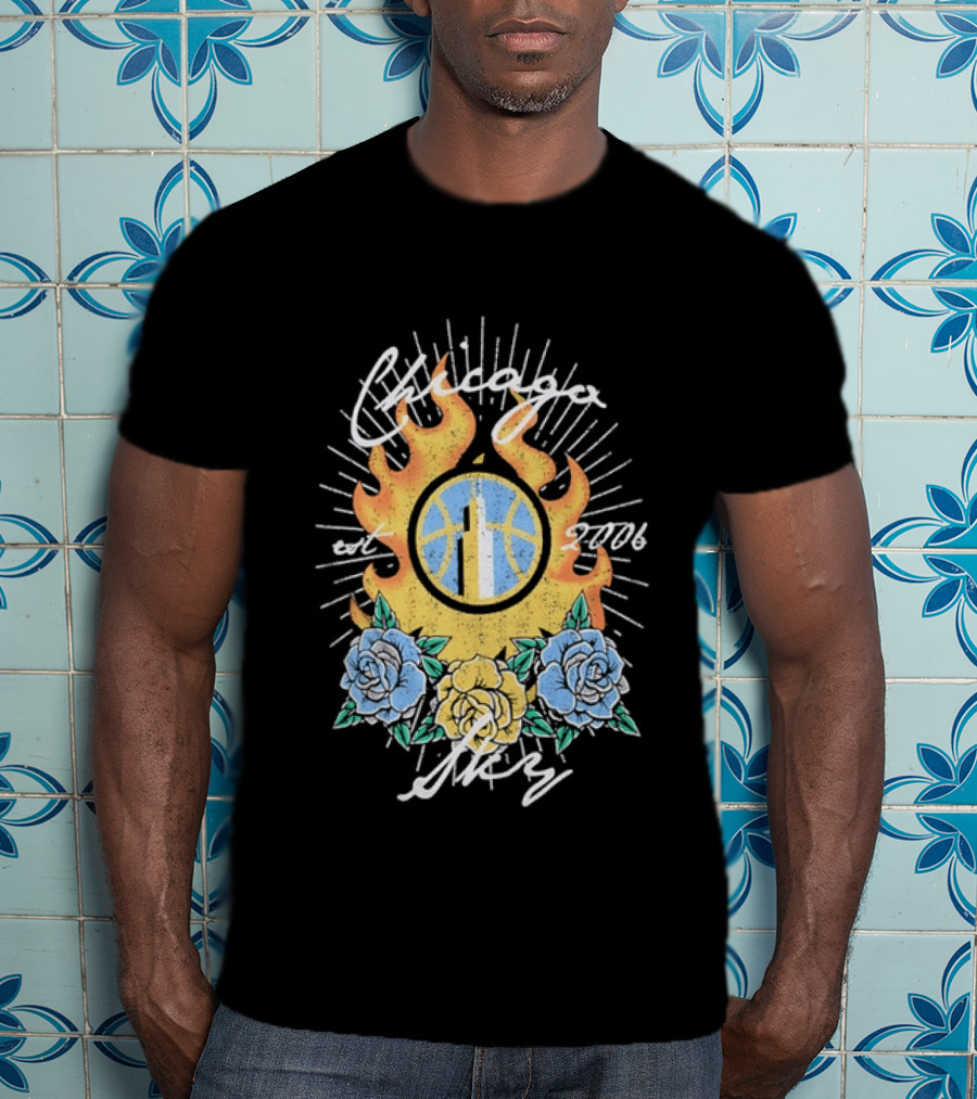 Chicago Sky Est 2006 WNBA Distressed Floral Basketball Flame T-Shirt