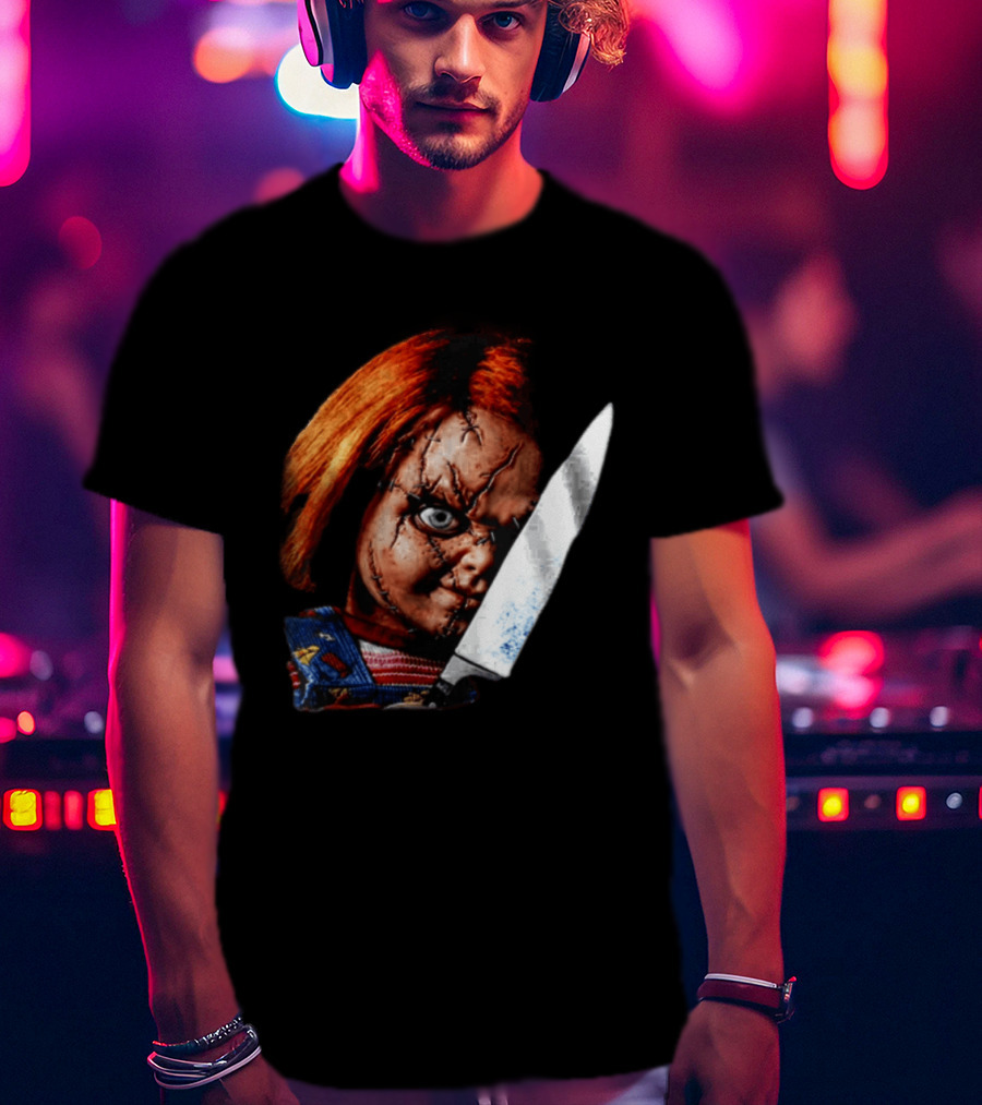 Chucky Child's Play Stitched Doll Knife Horror Movie Character 2 Sided T-Shirt