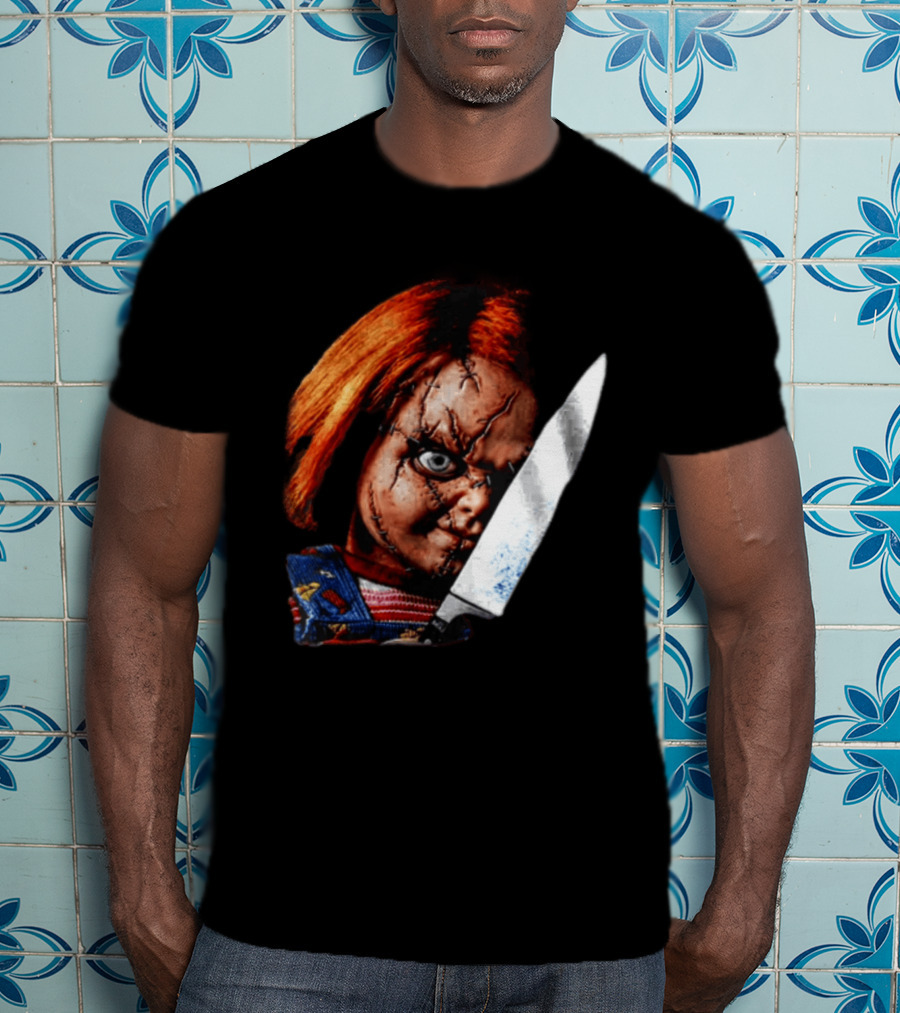 Chucky Child's Play Stitched Doll Knife Horror Movie Character 2 Sided T-Shirt