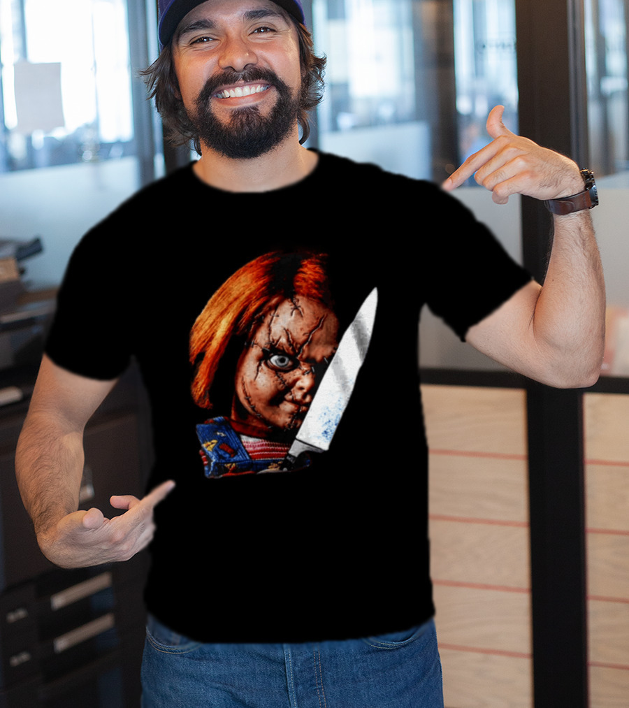 Chucky Child's Play Stitched Doll Knife Horror Movie Character 2 Sided T-Shirt