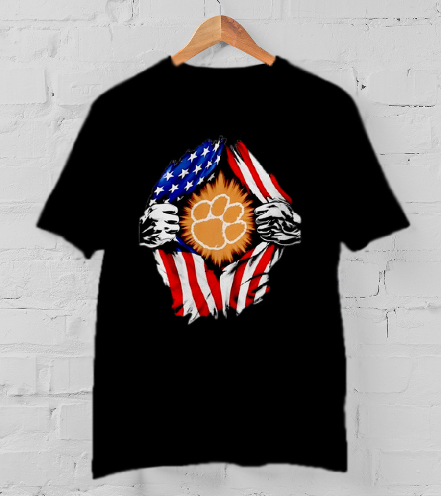 Clemson Tigers Paw Print Ripped American Flag T-Shirt