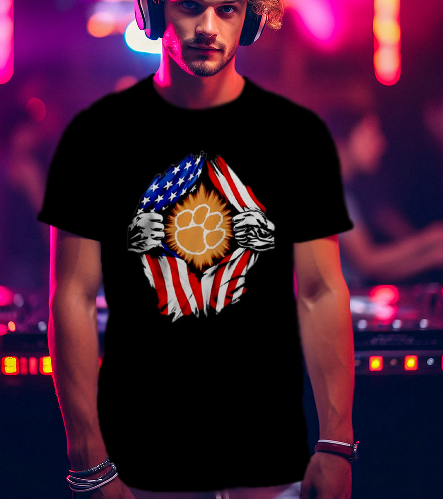 Clemson Tigers Paw Print Ripped American Flag T-Shirt