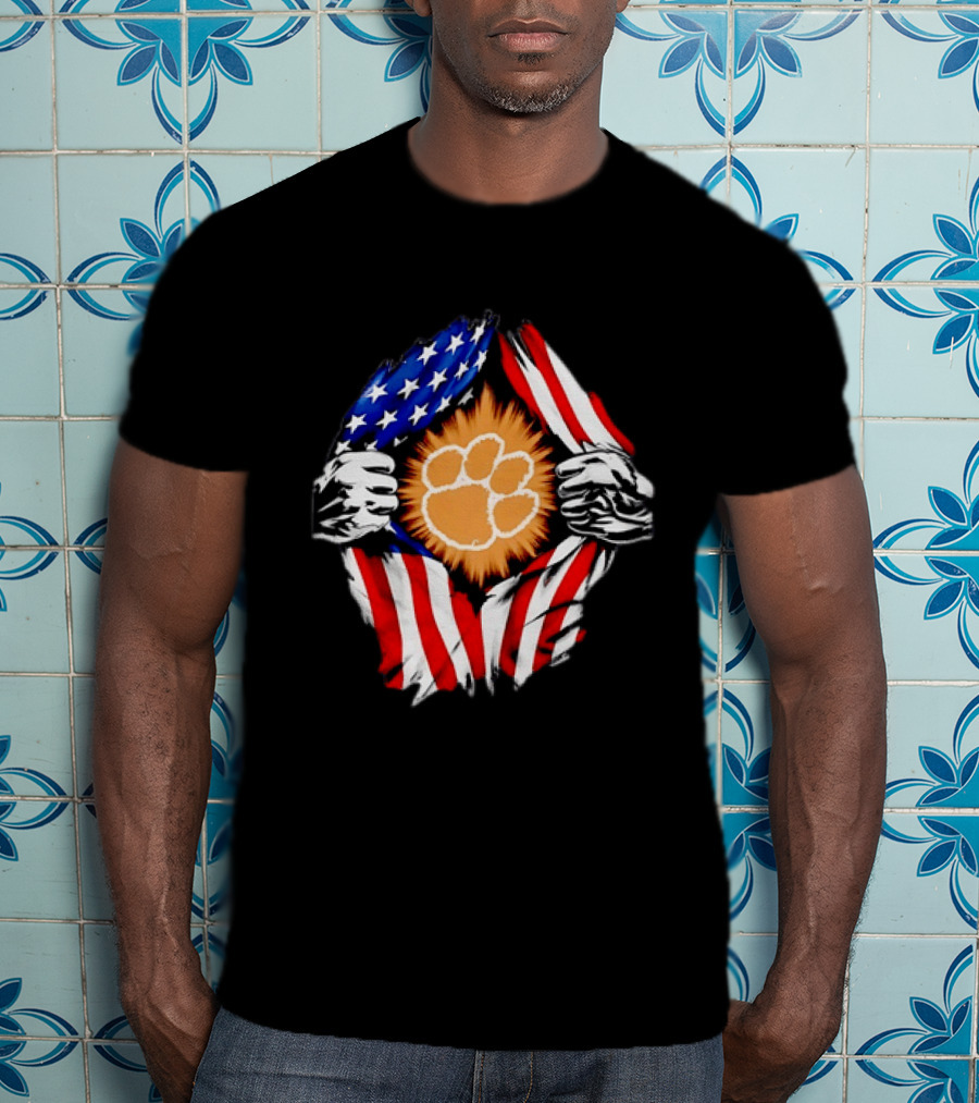 Clemson Tigers Paw Print Ripped American Flag T-Shirt