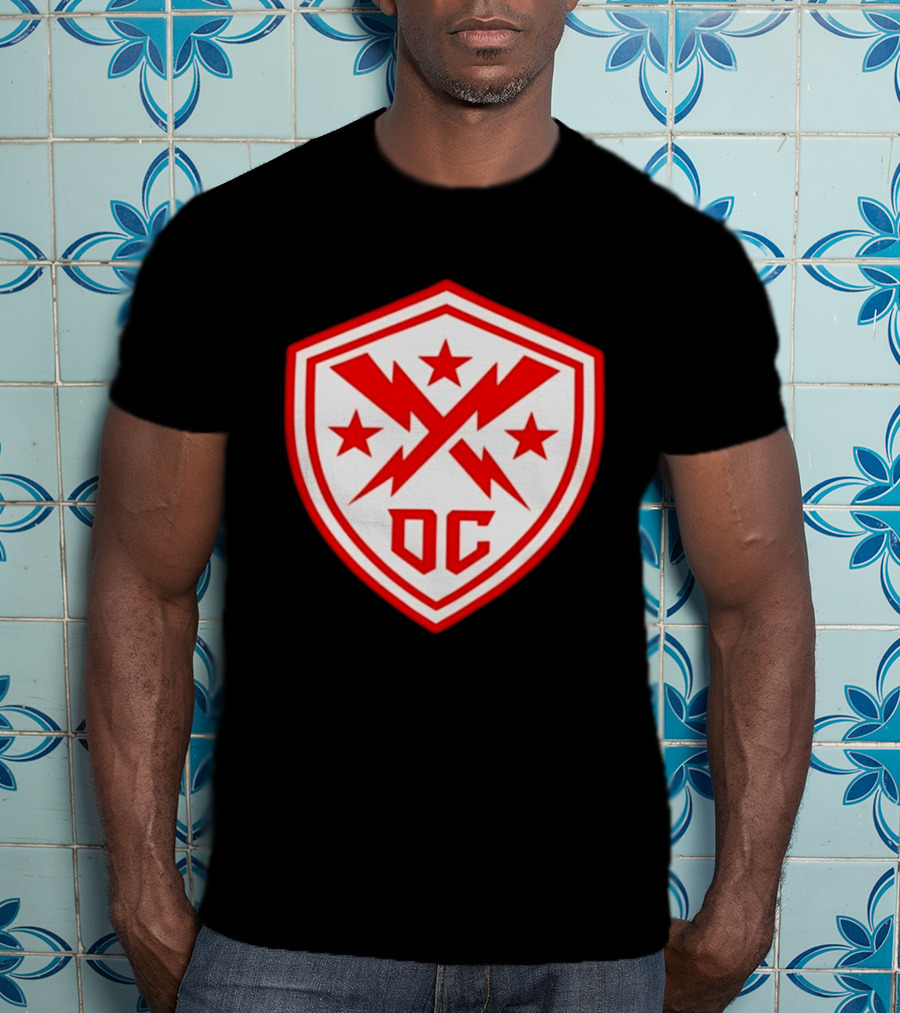 DC Shield Lightning Bolts Stars Emblem Red White T-Shirt