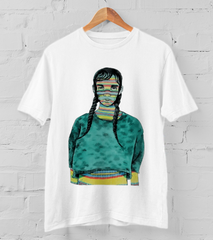 Girl With Braids Colorful Striped Face And Green Sweater T-Shirt