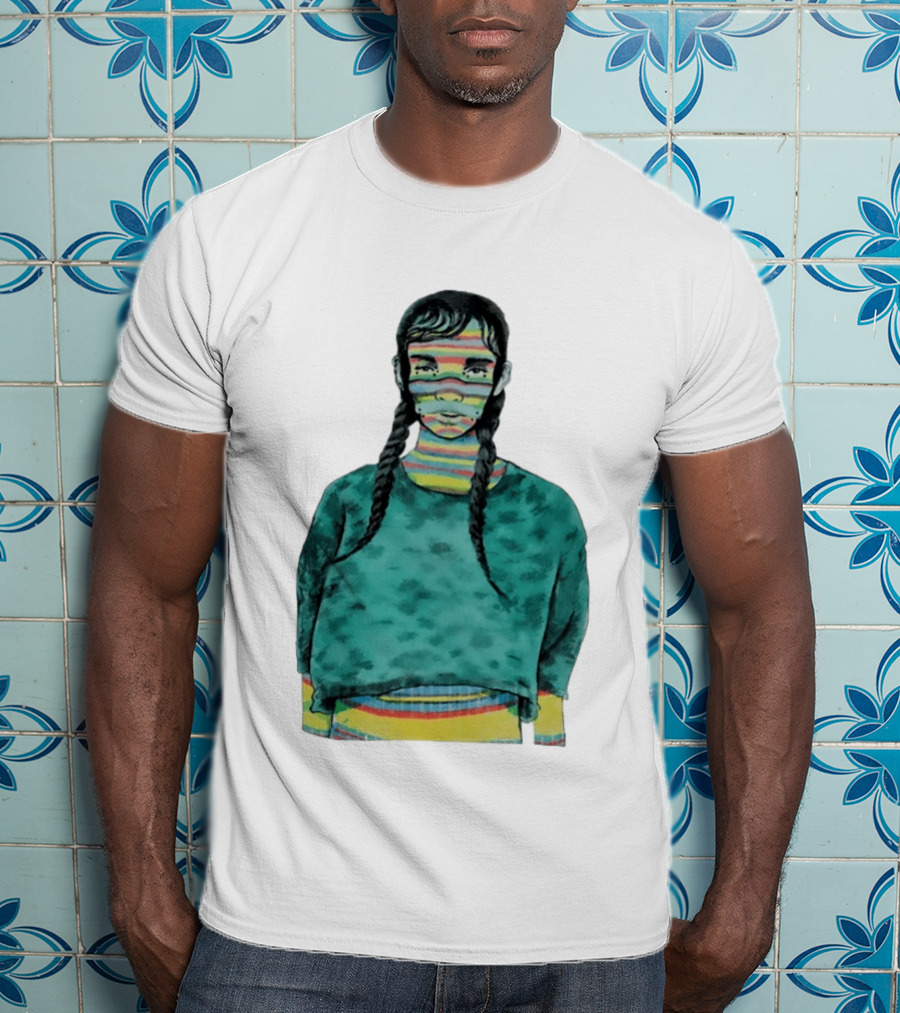 Girl With Braids Colorful Striped Face And Green Sweater T-Shirt