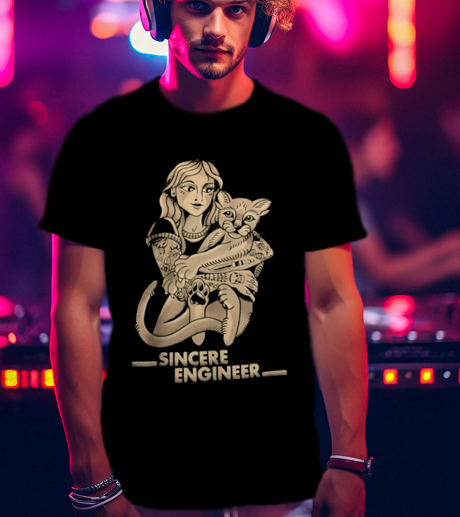 Tattooed Woman Hugging Cat Sincere Engineer T-Shirt
