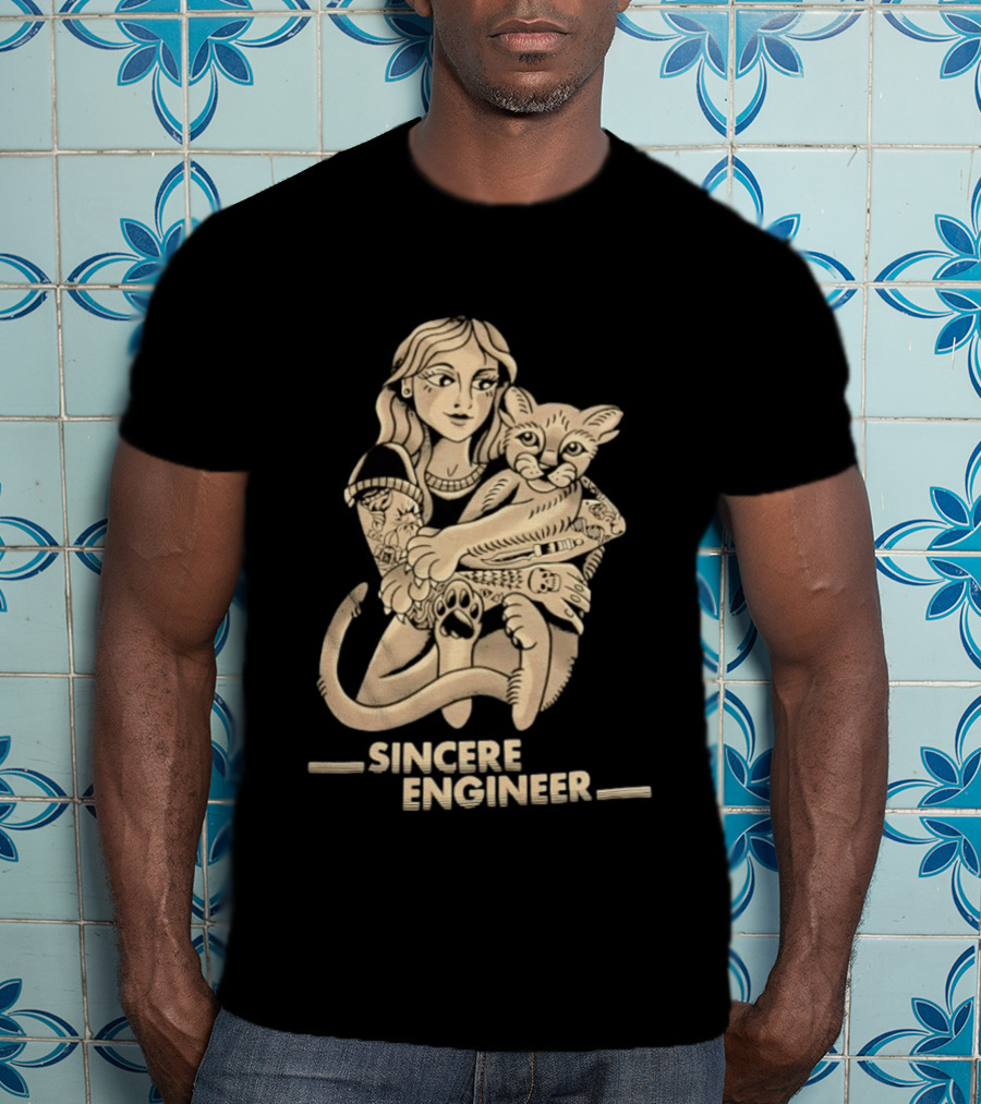 Tattooed Woman Hugging Cat Sincere Engineer T-Shirt