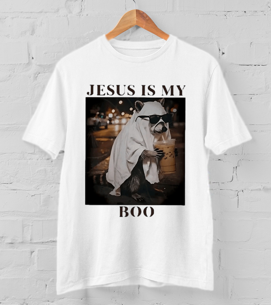Jesus Is My Boo Raccoon With Iced Coffee And Sunglasses T-Shirt