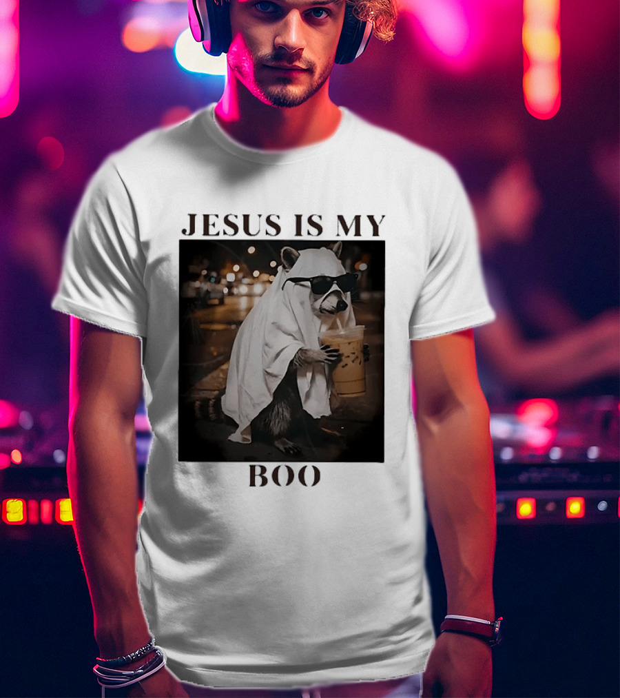 Jesus Is My Boo Raccoon With Iced Coffee And Sunglasses T-Shirt