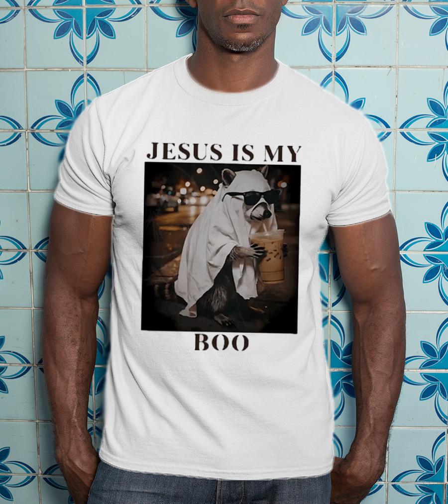 Jesus Is My Boo Raccoon With Iced Coffee And Sunglasses T-Shirt