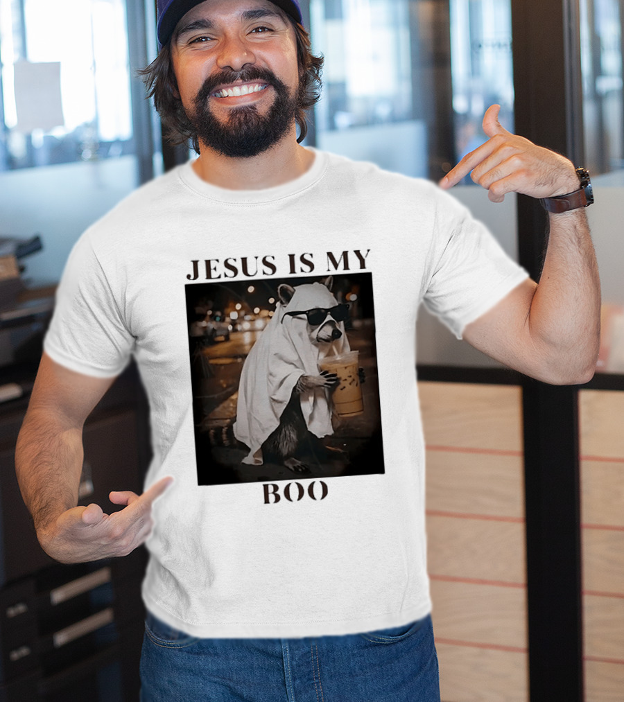 Jesus Is My Boo Raccoon With Iced Coffee And Sunglasses T-Shirt