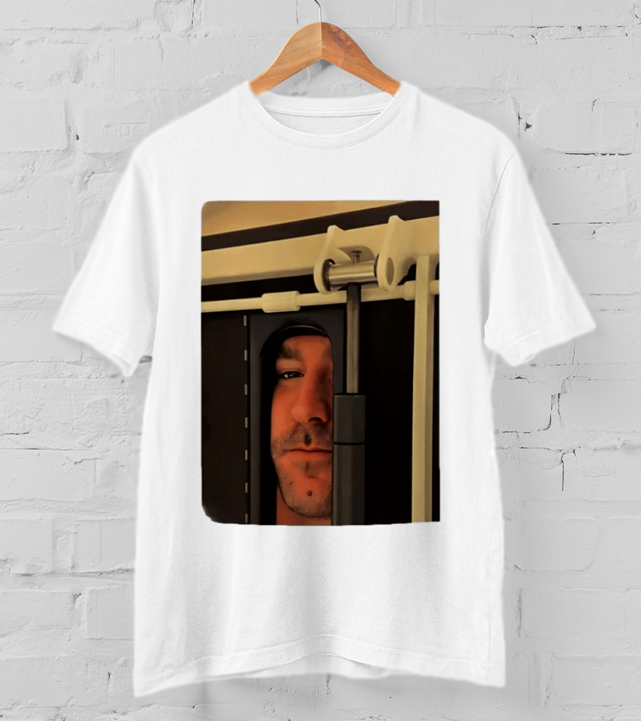 Man Peeking Through Door Face Hidden Observation Doorway T-Shirt