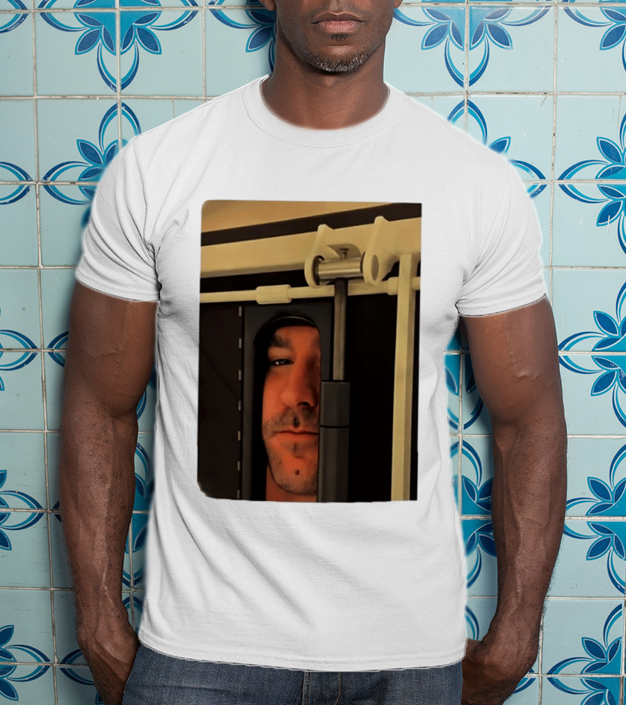 Man Peeking Through Door Face Hidden Observation Doorway T-Shirt