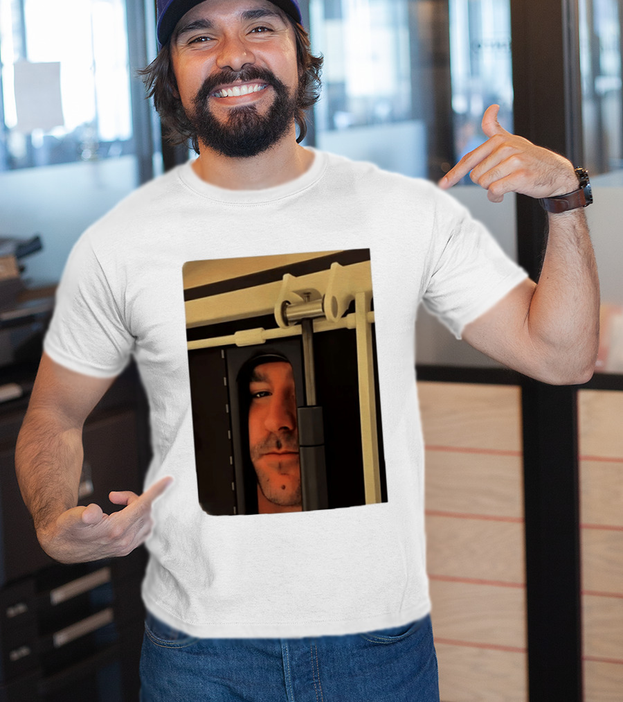 Man Peeking Through Door Face Hidden Observation Doorway T-Shirt