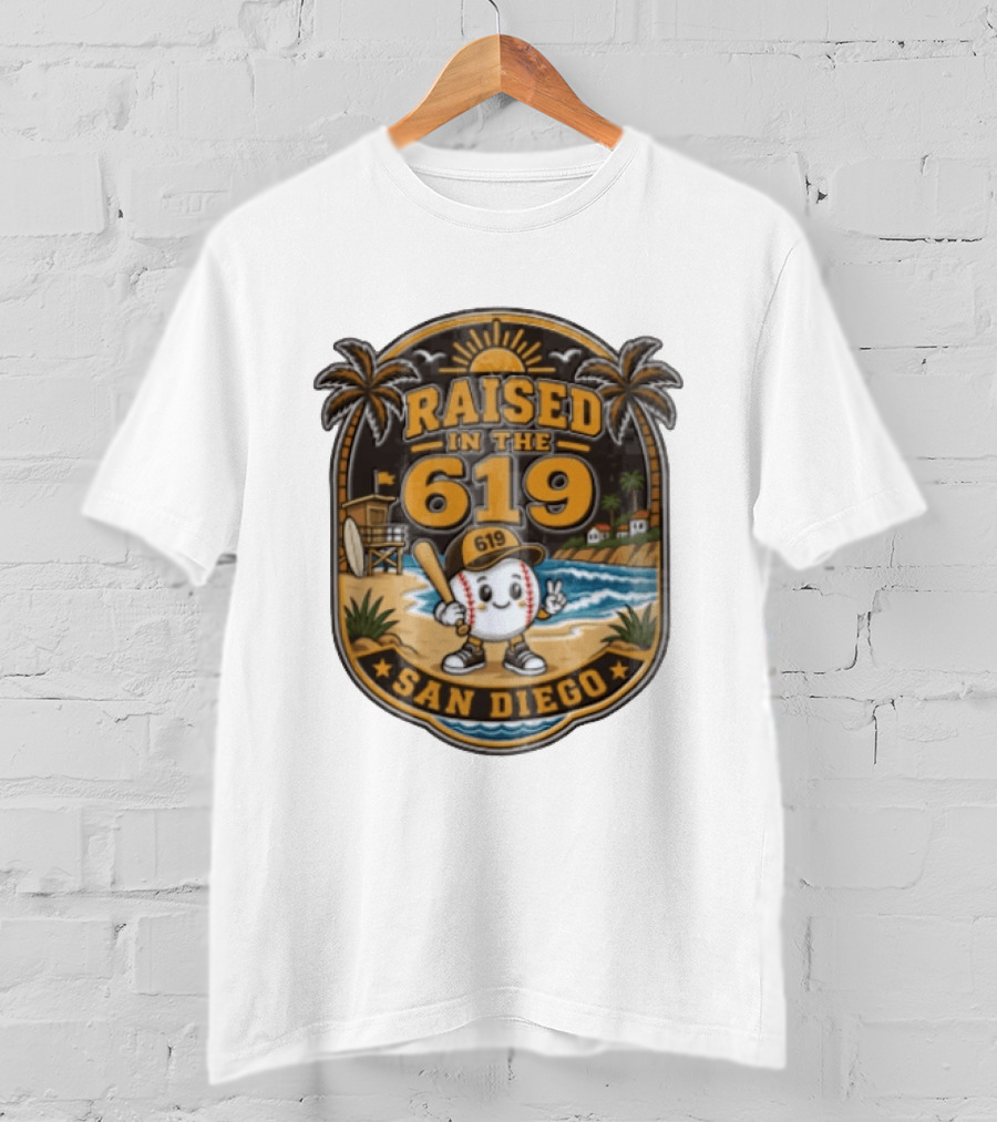 Raised In The 619 Baseball Character San Diego Beach Sunset Palm Trees T-Shirt