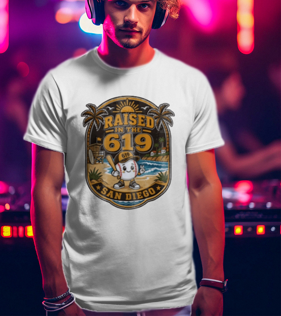 Raised In The 619 Baseball Character San Diego Beach Sunset Palm Trees T-Shirt