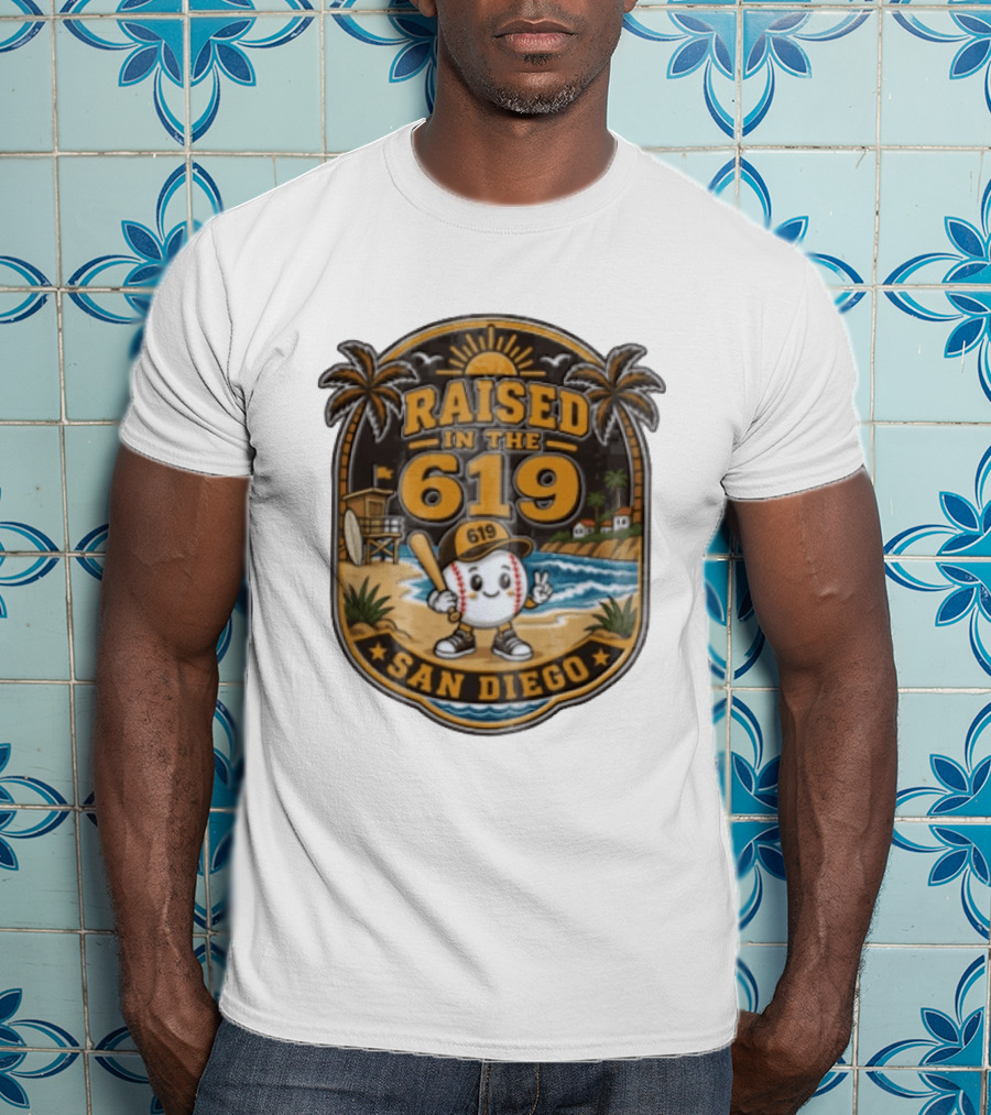 Raised In The 619 Baseball Character San Diego Beach Sunset Palm Trees T-Shirt