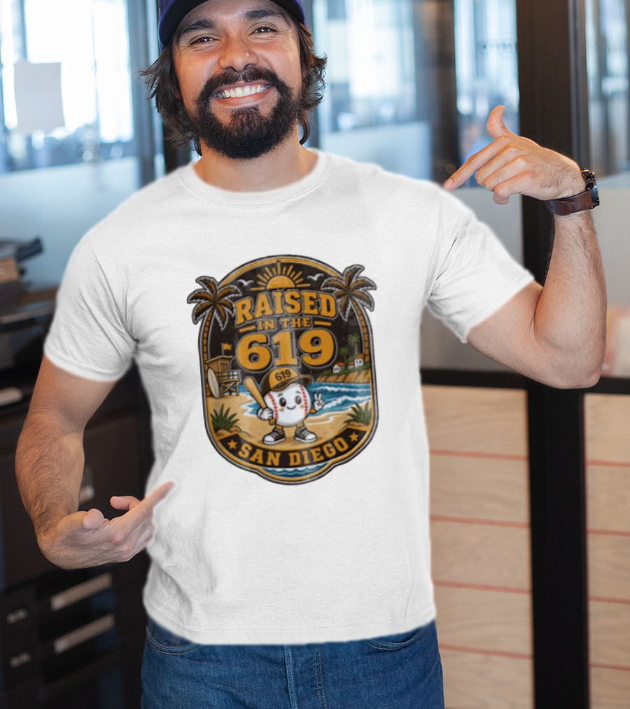 Raised In The 619 Baseball Character San Diego Beach Sunset Palm Trees T-Shirt