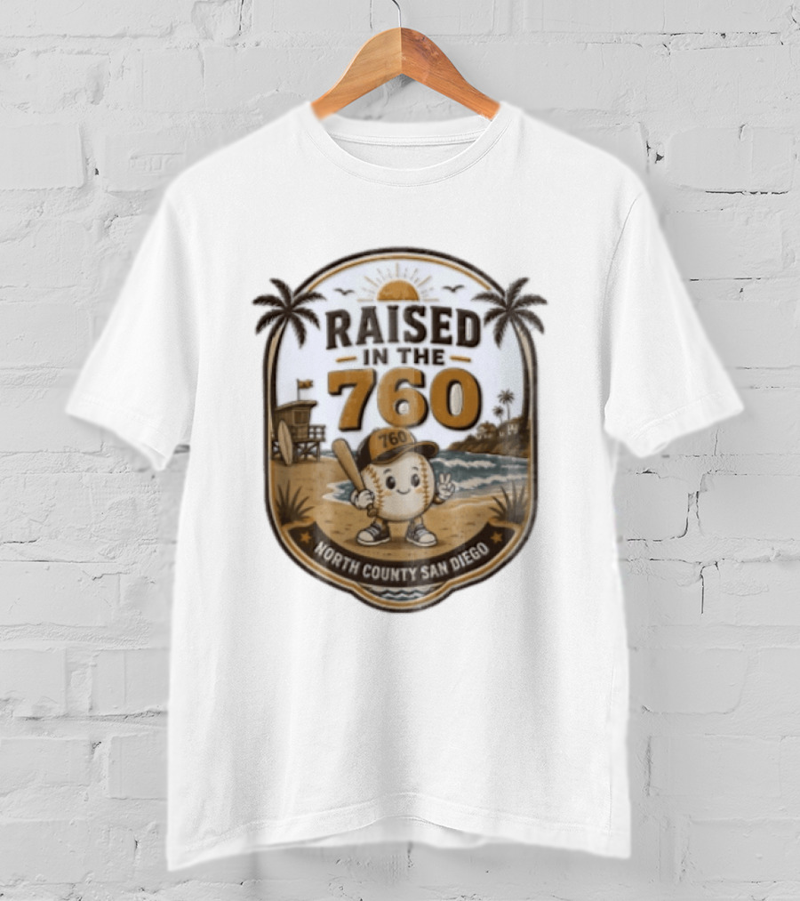 Raised In The 760 North County San Diego Beach Baseball Palms Waves Lifeguard Tower T-Shirt